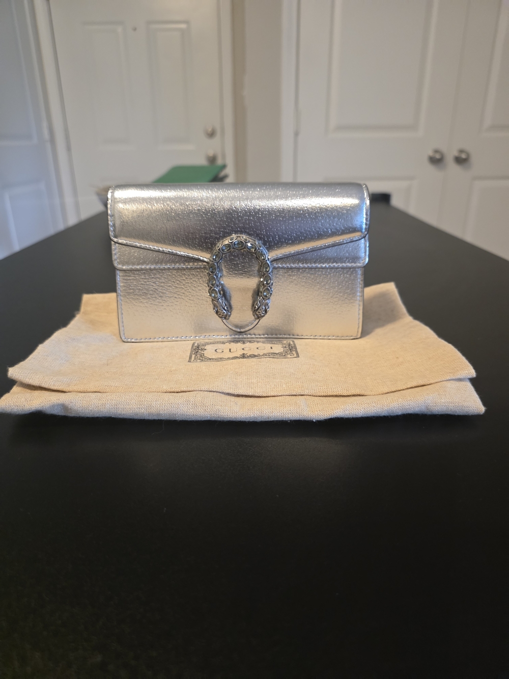 Gucci Dyonisus Silver Metallic Small Shoulder Bag with Horseshoe Detail